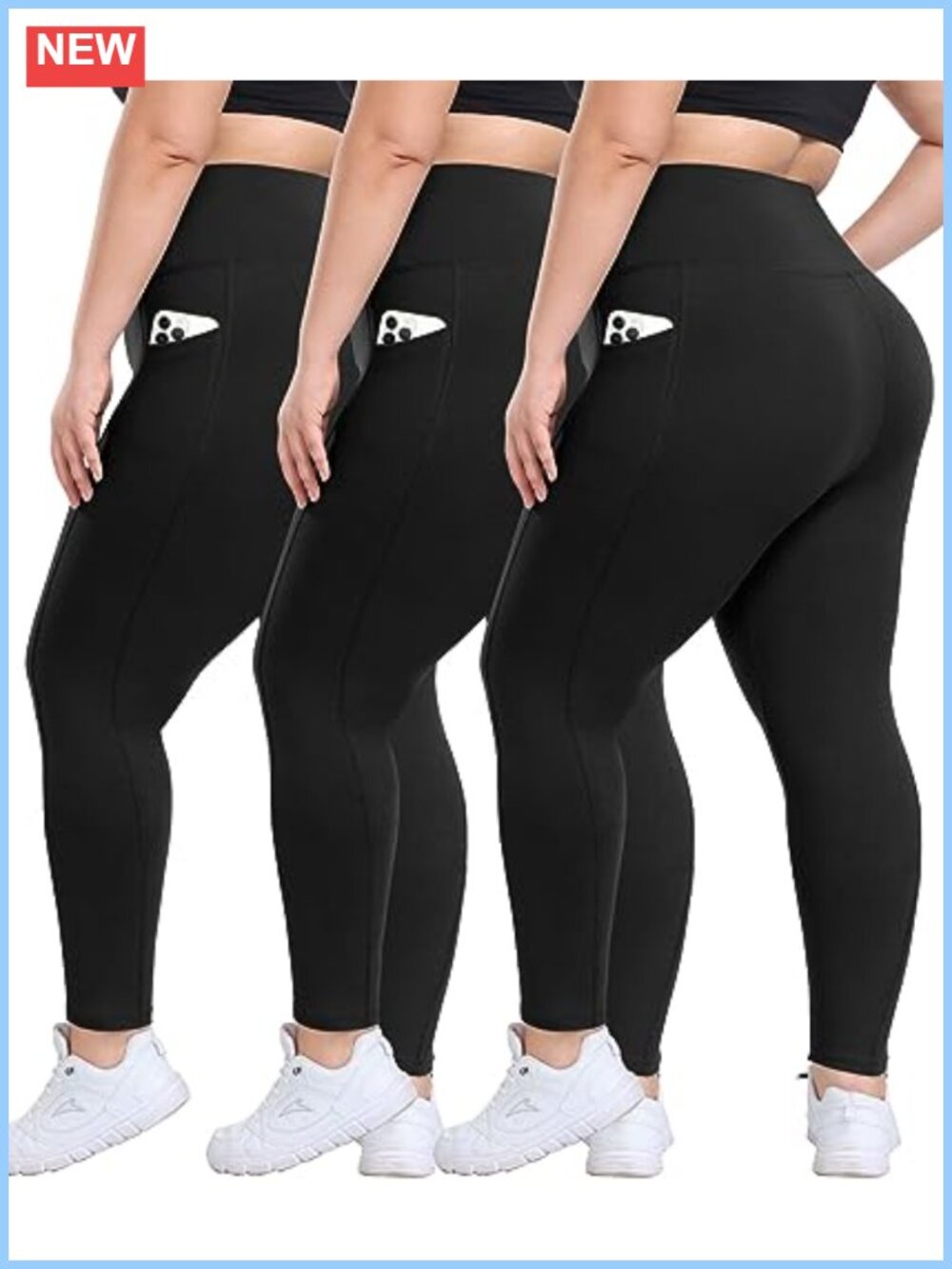 Plus Size High Waisted Leggings with Pockets 3 Pack Tummy Control Yoga Pants